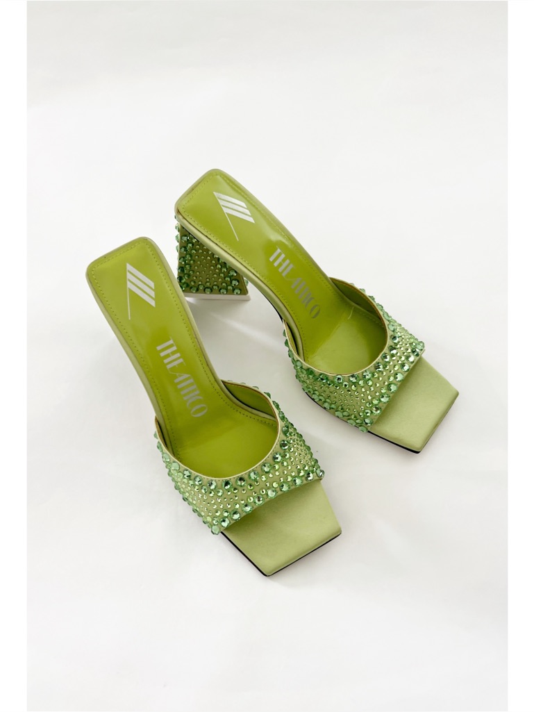 Nib The Attico Mini Devon Crystal-Embellished Satin Mules In Green 6